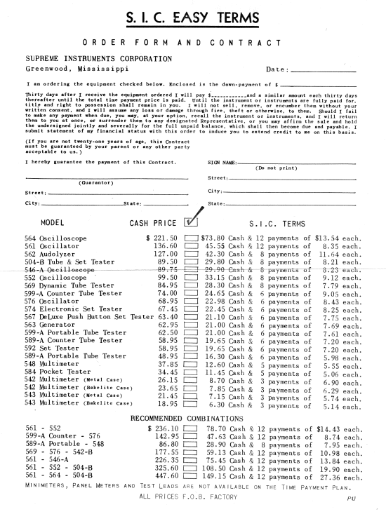 S.I.C. Easy Terms 1947 Order Form