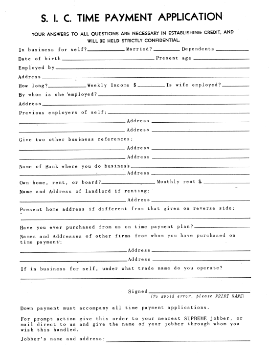 S.I.C. Easy Terms 1947 Credit Application