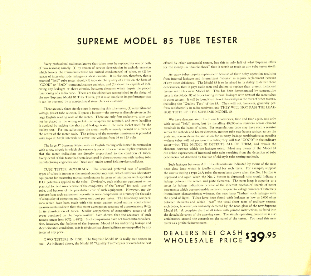 Supreme 85 Tube Tester Description